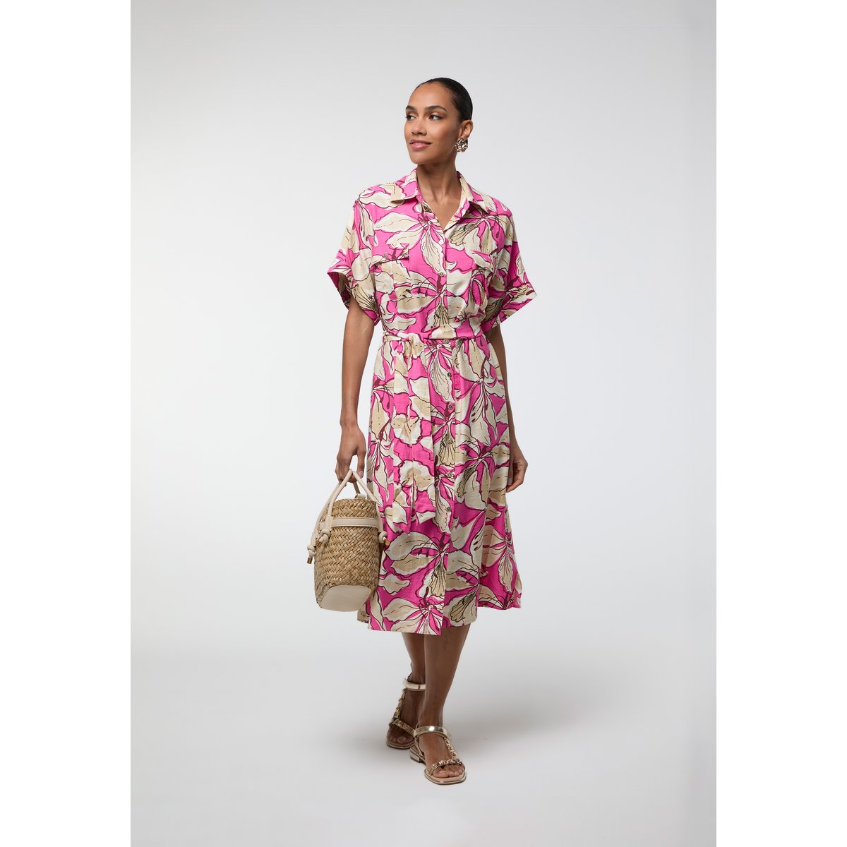 Robe imprimé floral boutonnée à ceinture rose, LOLA CASADEMUNT