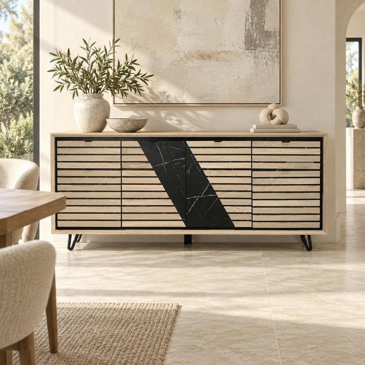 Enfilade 4 portes chêne blanc décor graphique ESSEN chêne blanc, PIER IMPORT
