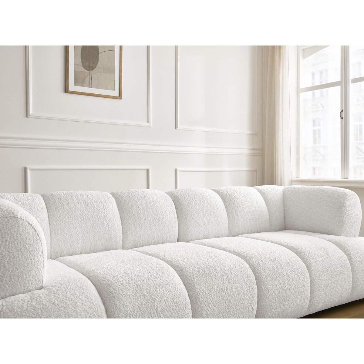 Canapé droit fixe 3 places en tissu bouclette avec pouf, PAMIRA blanc, BOBOCHIC