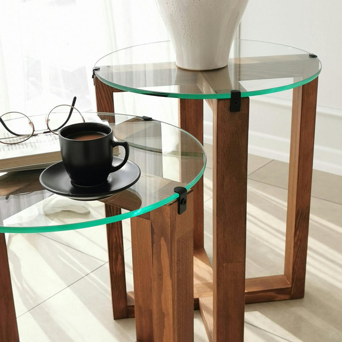 Bout de canapé bois brun avec plateau verre (lot de 2) ANZIO bois naturel, PIER IMPORT