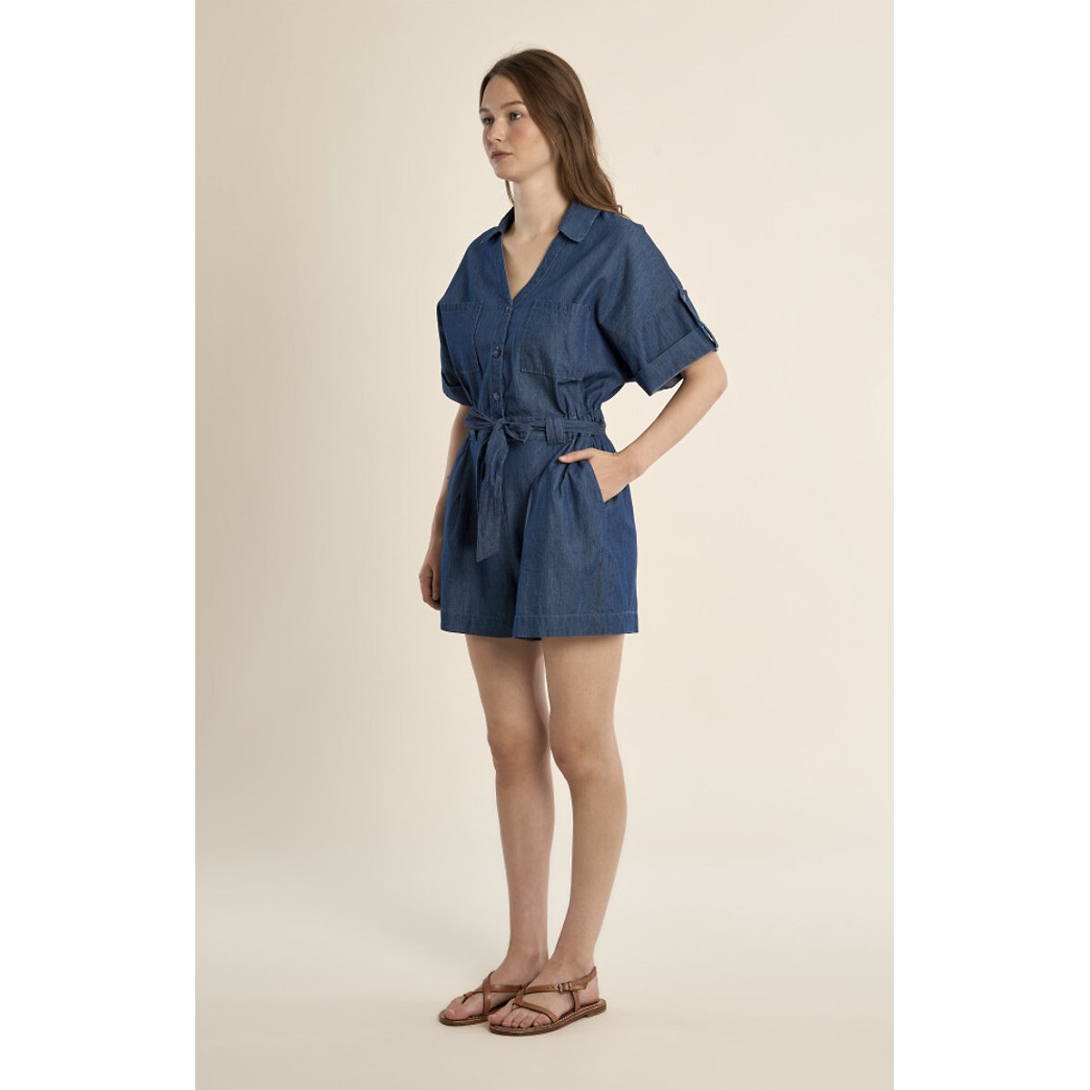 Tuta-shorts in denim blu scuro, MOLLY BRACKEN