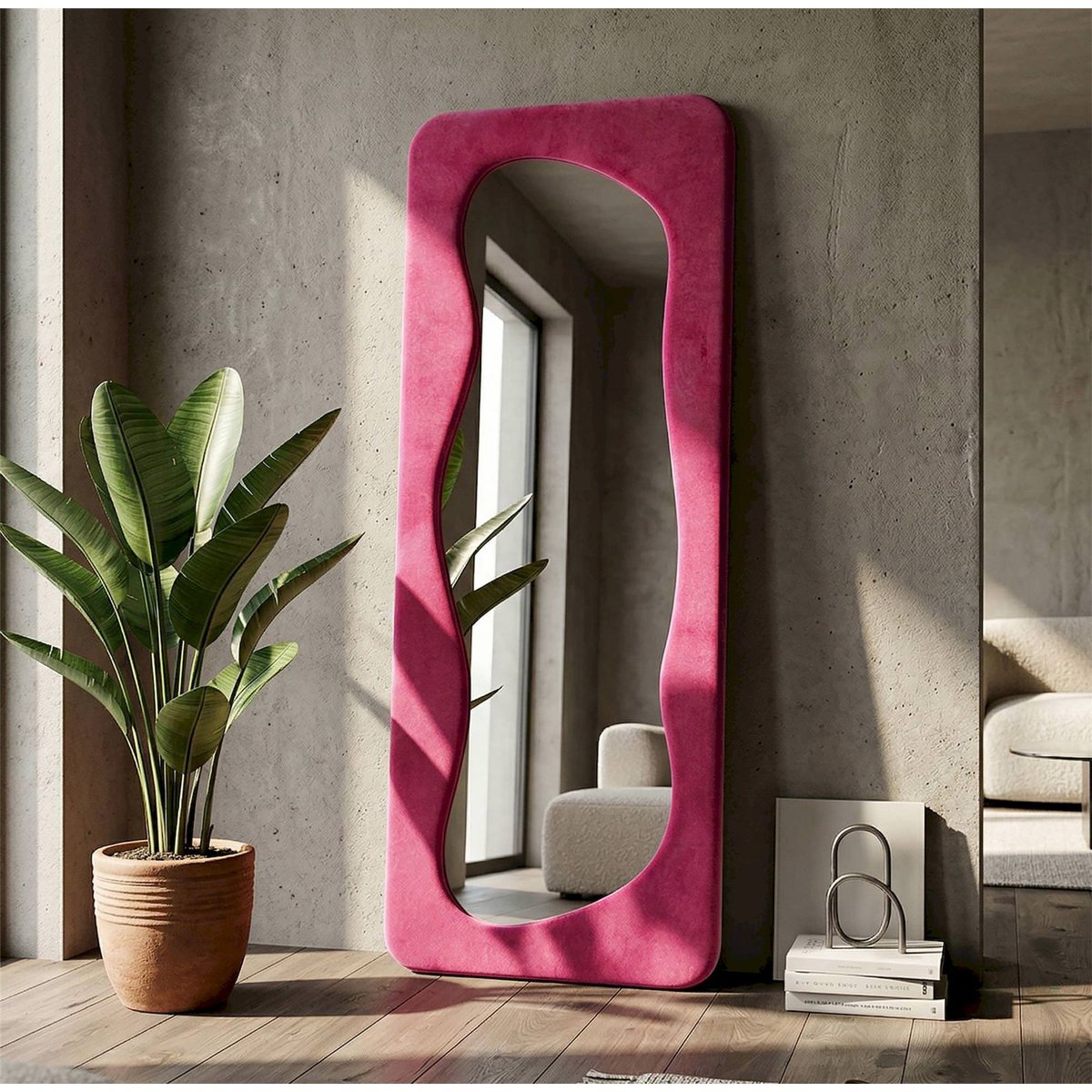 Miroir mural ondulé au cadre en velours GLAM fuchsia, RECOLLECTION
