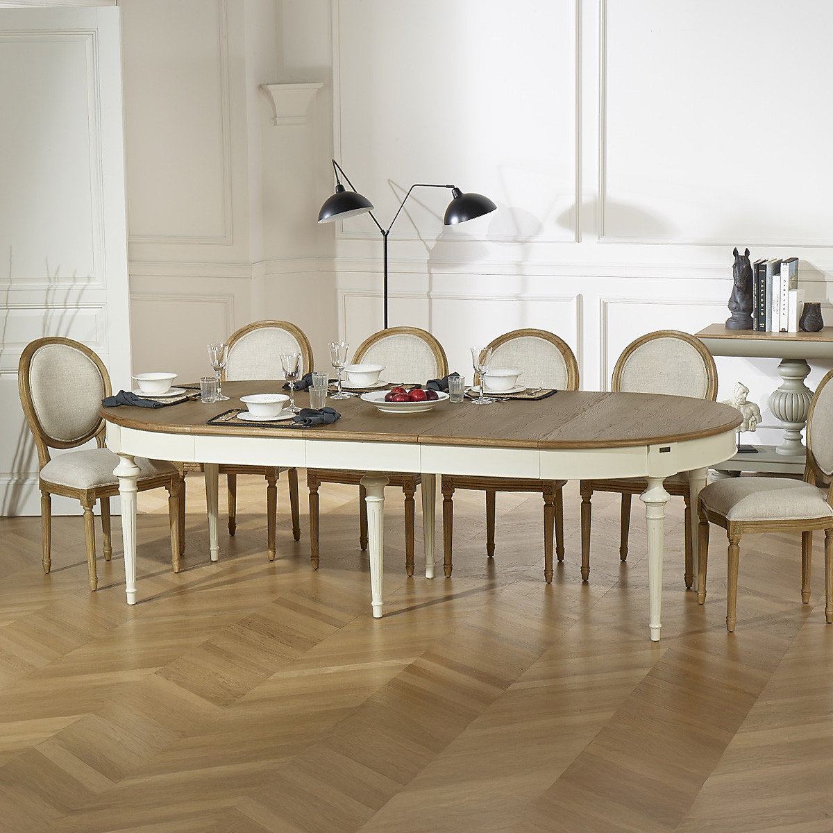 Table ovale en chêne 3 rallonges 4/10 couverts AMBRE blanc, ROBIN DES BOIS