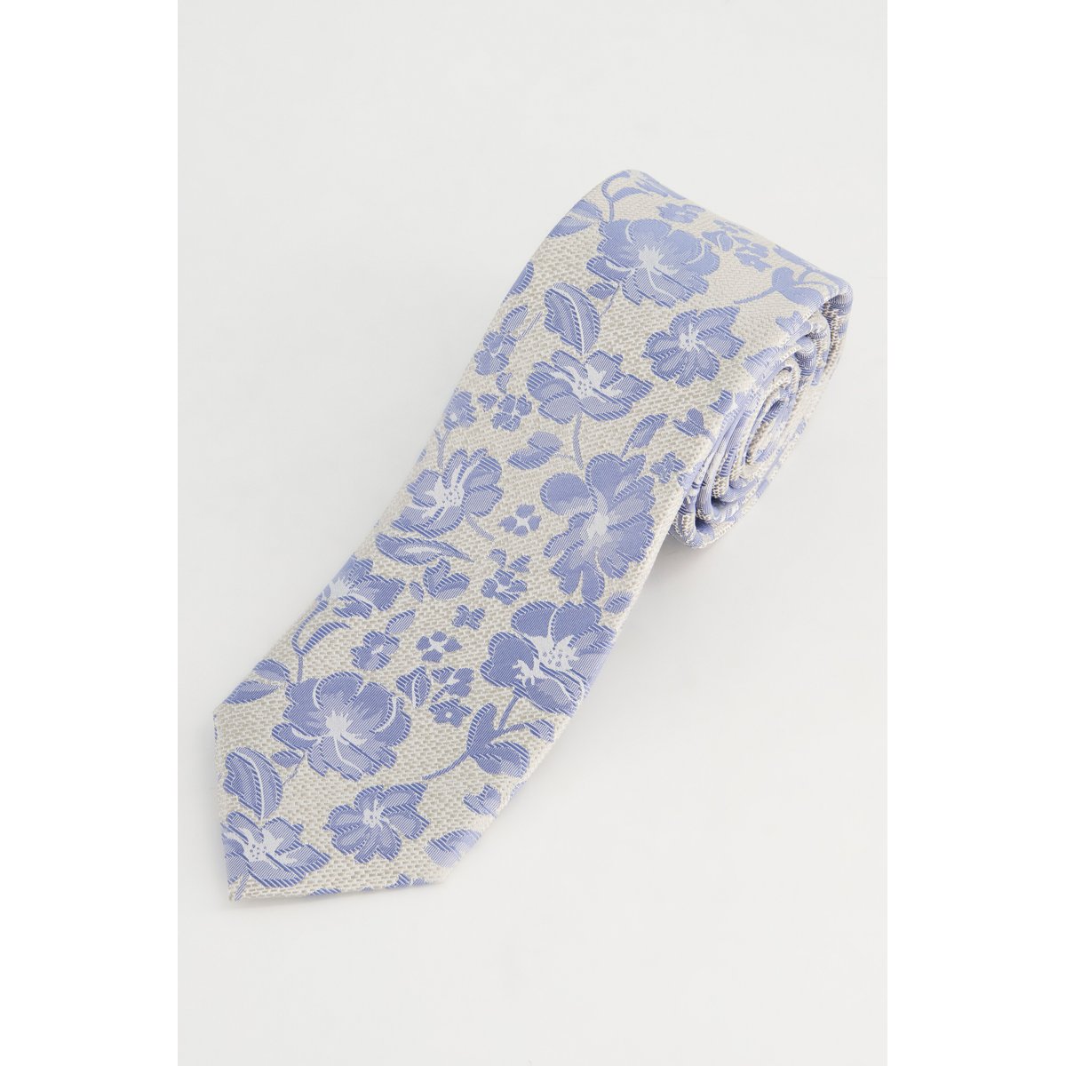 Cravate en soie extra-longue, motif à fleurs gris bleu, JP1880