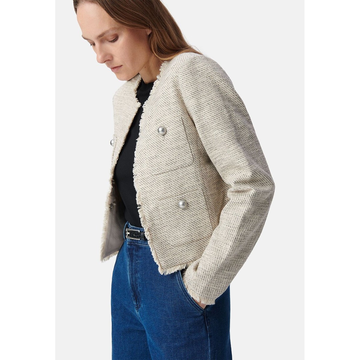 Tweed Style Short Jacket with Crew Neck linen, IKKS