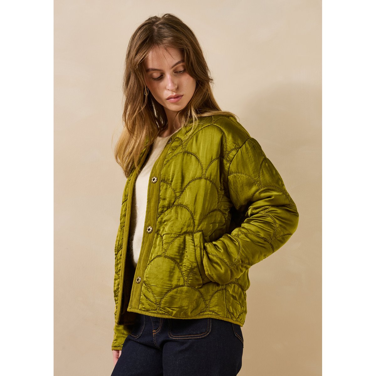 Veste matelassée manches longues col rond olive, LA FEE MARABOUTEE