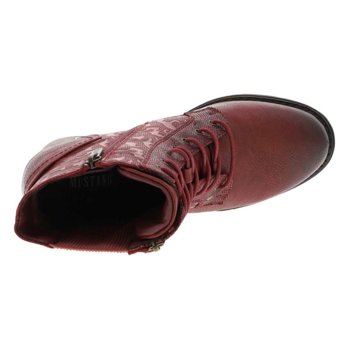 Bottines kaki à talon décroché haut avec un zip et des lacets ronds bordeaux, MUSTANG