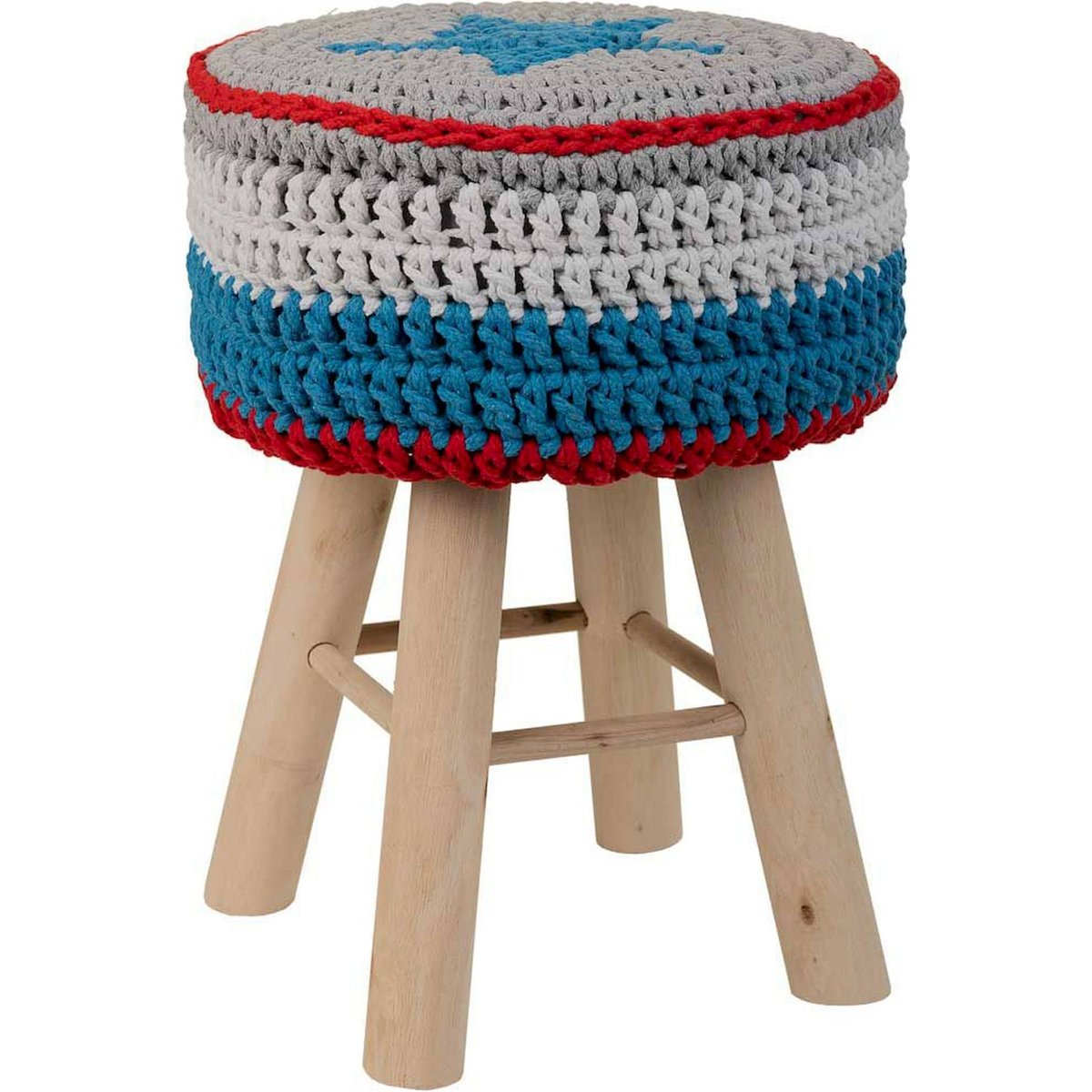 Tabouret rond en bois, Assise en coton bleu tressé et bois naturel clair, RECOLLECTION