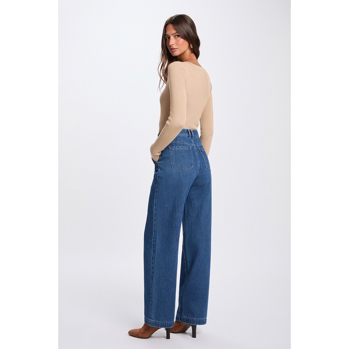 Pull manches longues col V beige, MORGAN