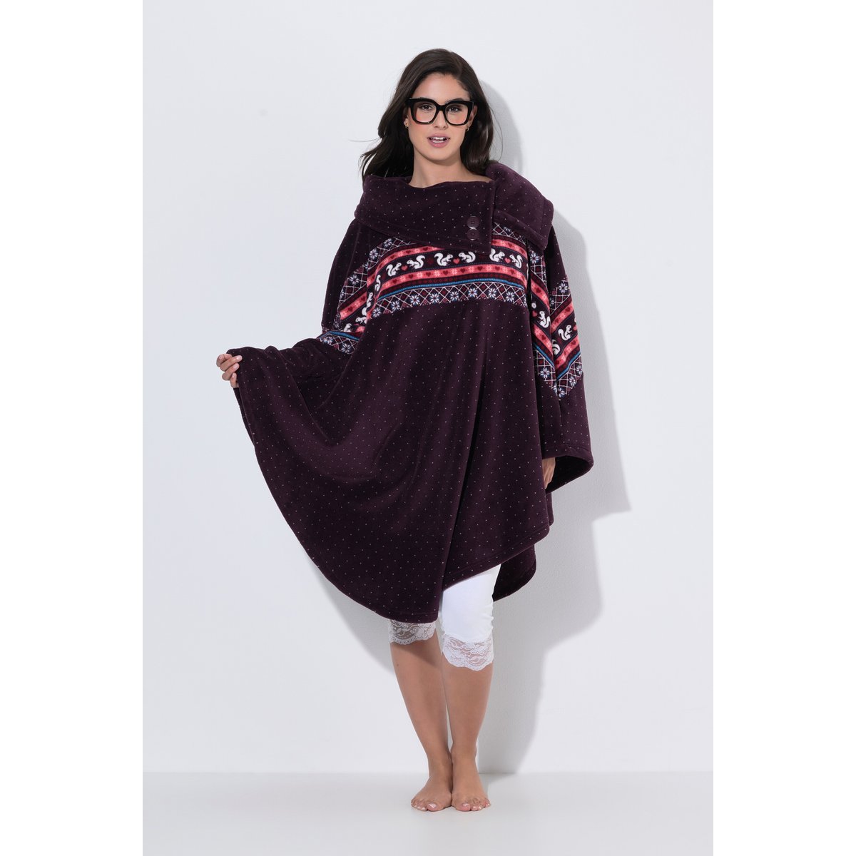 Poncho en peluche avec col, motif norvégien prune foncé, ULLA POPKEN