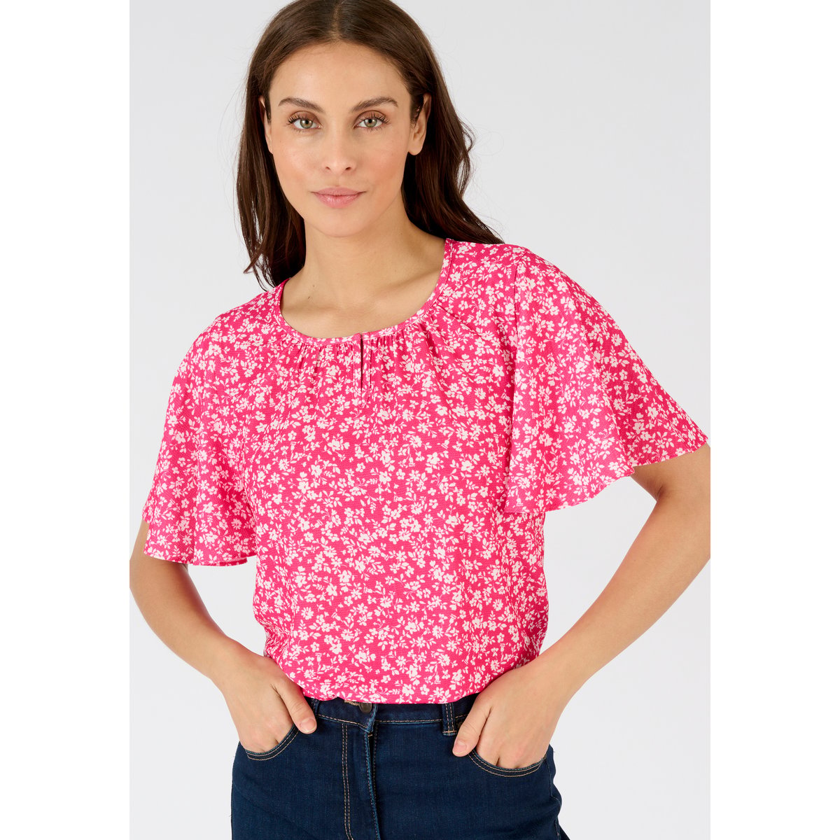 Blouse crêpe reliéfé rose fleuri, DAMART
