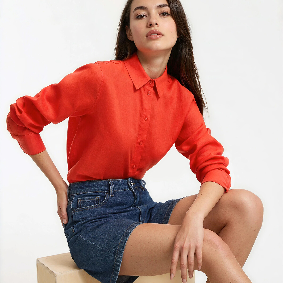 Chemise manches longues en lin orange foncé, LA REDOUTE COLLECTIONS