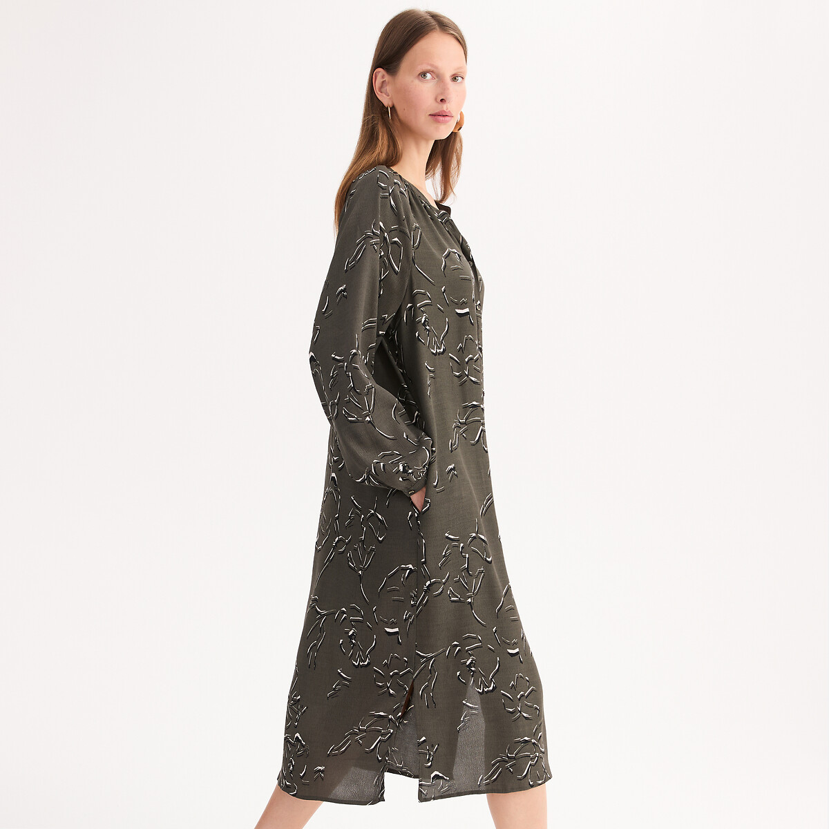 Maxi Shift Dress with Floral Print khaki, ANNE WEYBURN