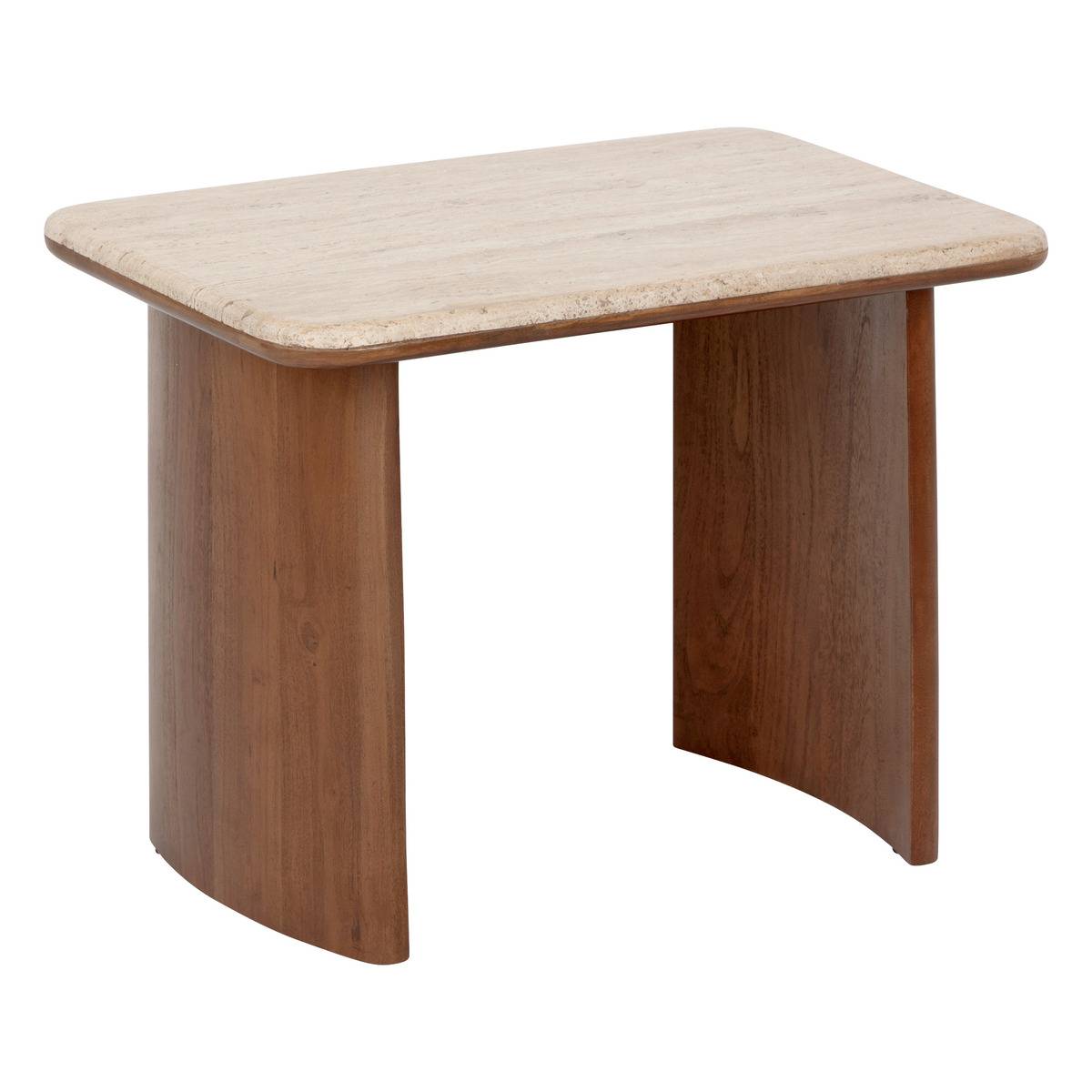 Lot de 2 tables basses gigognes bois d'acacia massif plateau travertin JIVAN marron, ATMOSPHERA