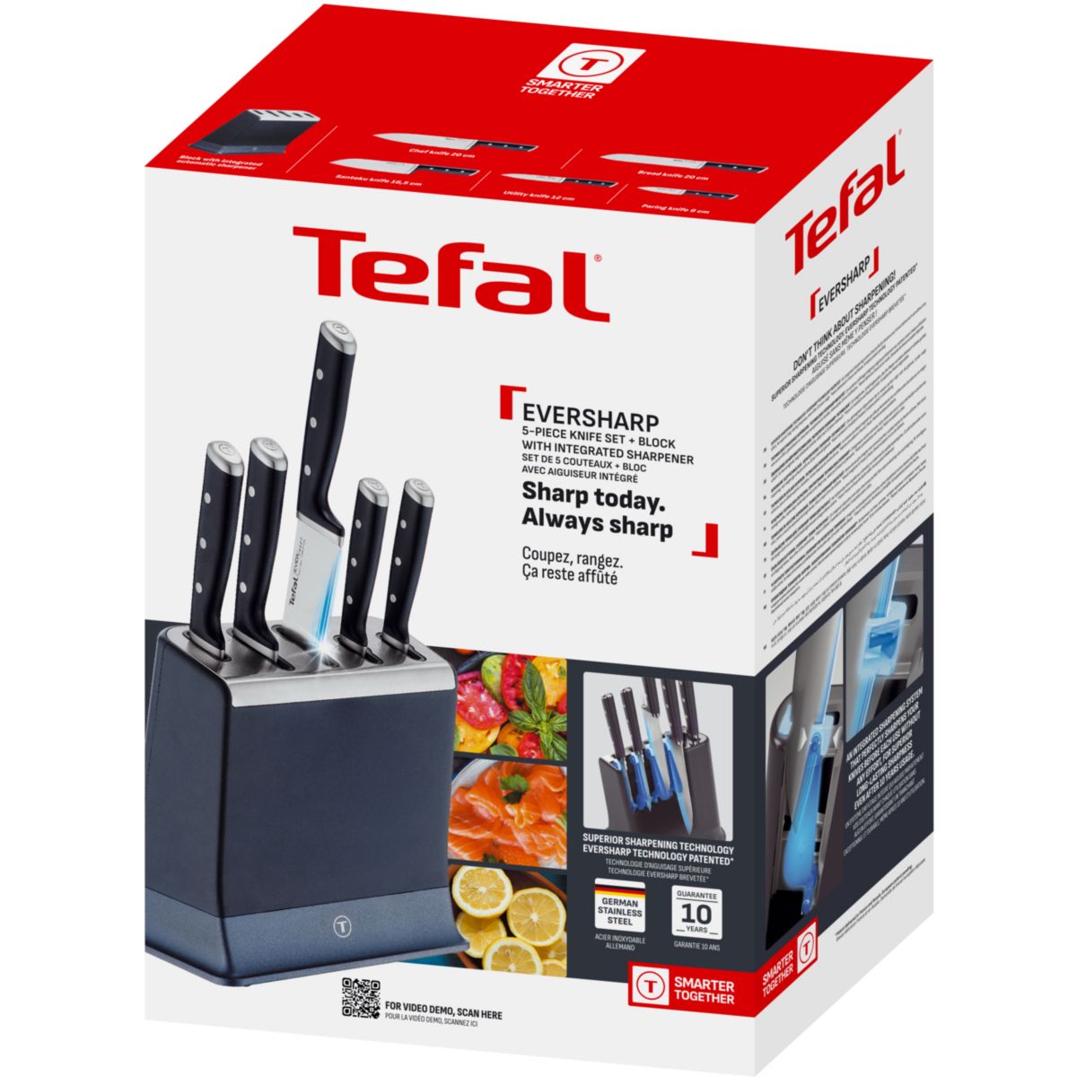 Set de couteaux EverSharp Pro 5 pcs aiguiseur integré couleur unique, TEFAL