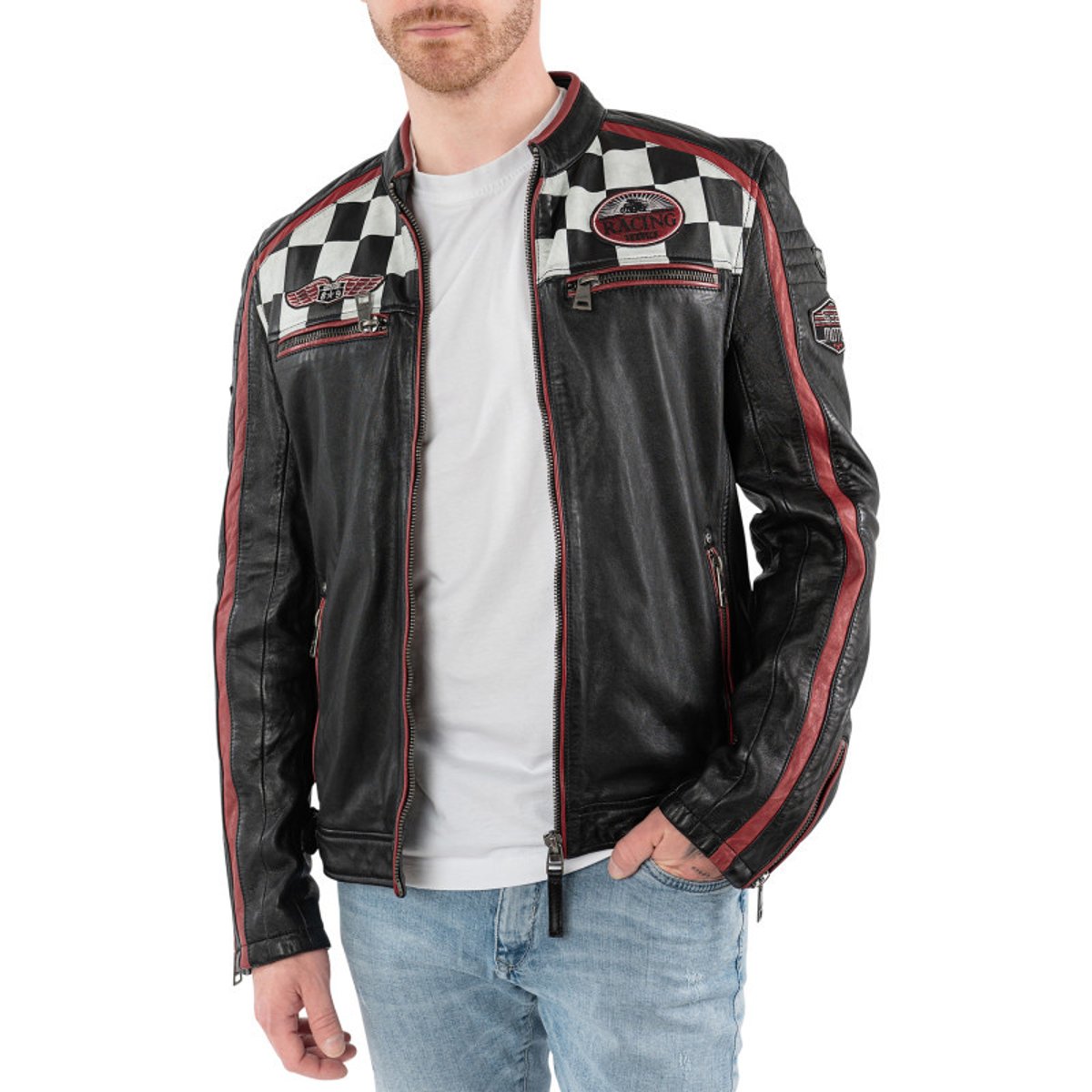 Blouson en cuir de mouton noir uni avec une coupe droite et un col rond noir, GIPSY