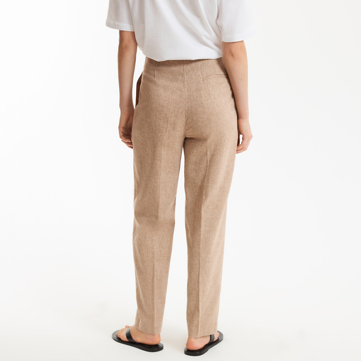 Pantalon cigarette taille haute en lin et coton camel, LA REDOUTE COLLECTIONS
