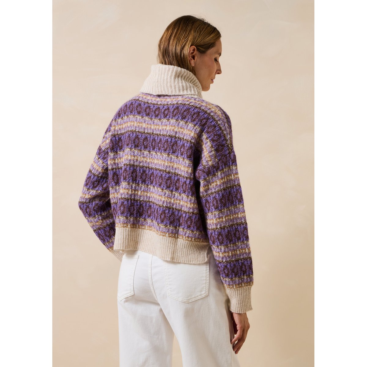 Pull manches longues en jacquard rayé ecru/pensee, LA FEE MARABOUTEE