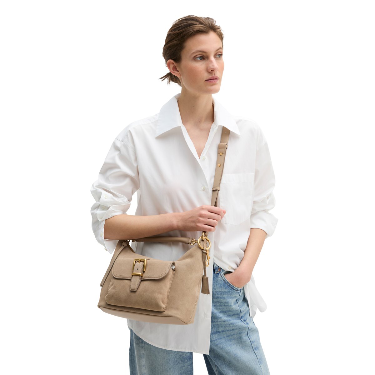 Sac à bandoulière small en cuir de vachette velours doux marron, MARC O'POLO