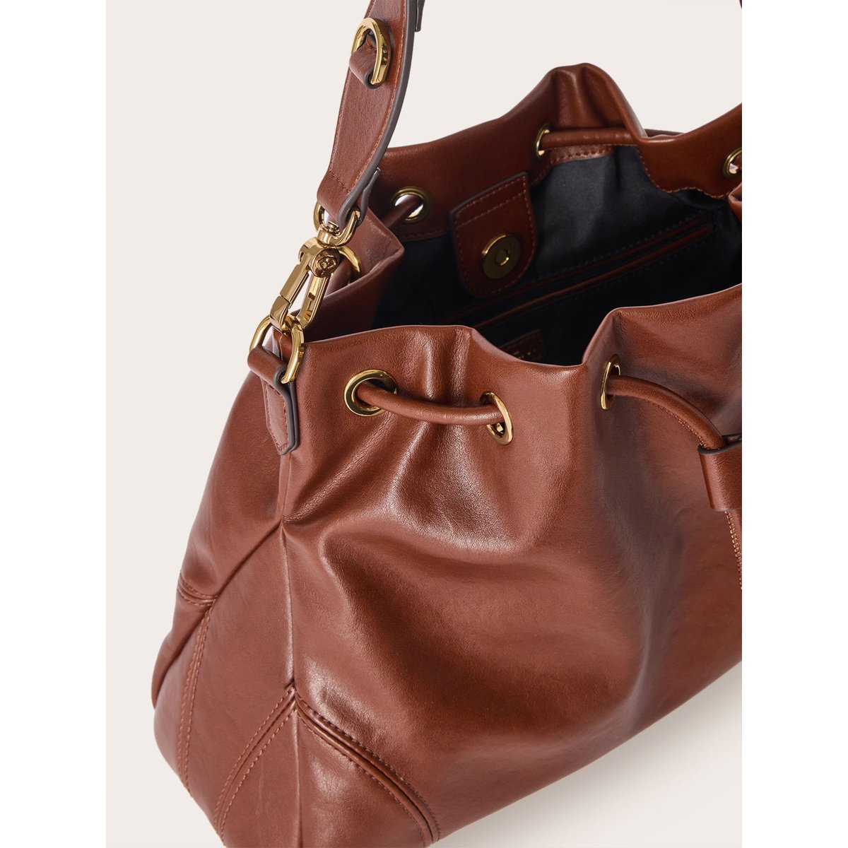 Sac seau avec cordon coulissant et double bandoulière marron, MOTIVI