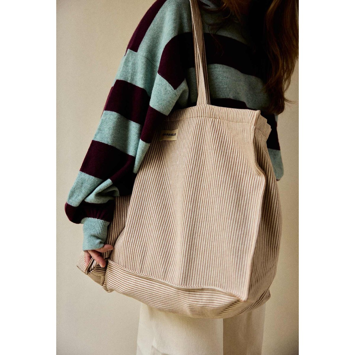 Sac week-end en coton, RAYURES beige argile, GABRIELLE PARIS