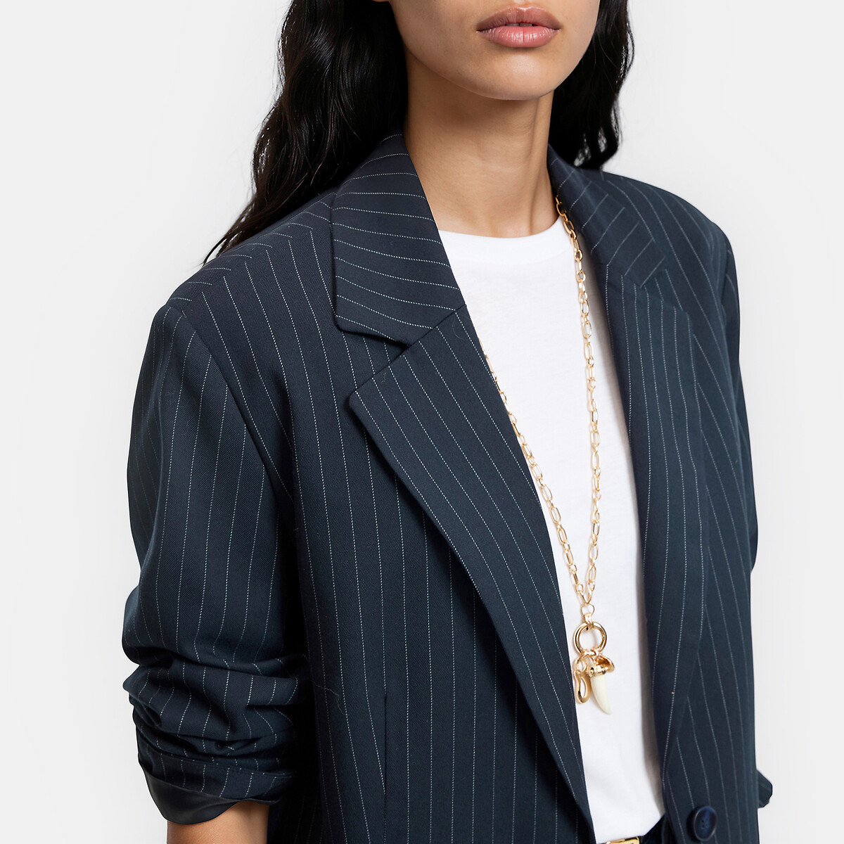 Blazer long, coupe oversize, rayures tennis rayé marine/blanc cassé, LA REDOUTE COLLECTIONS