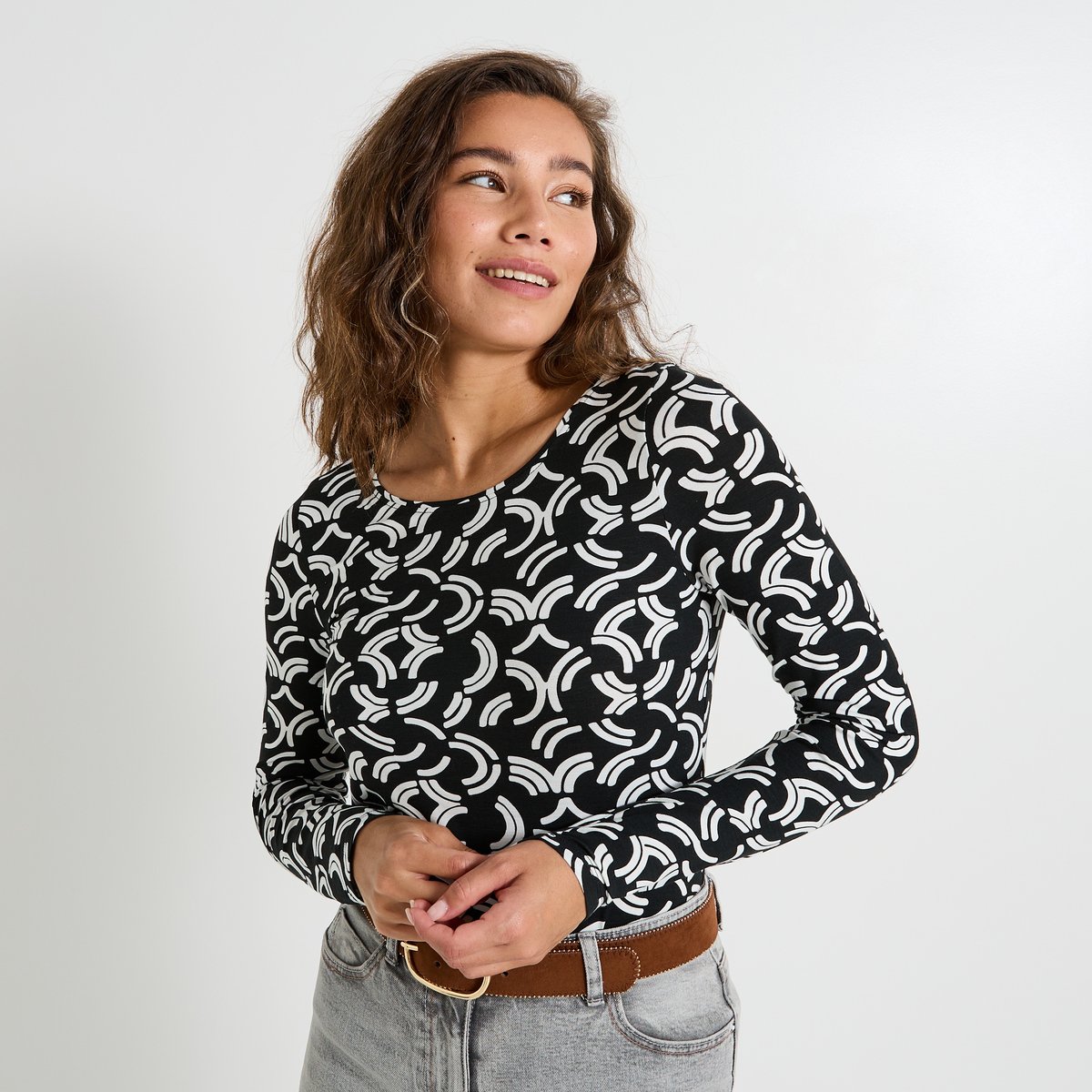 T-shirt manches longues imprimé noir, GRAIN DE MALICE