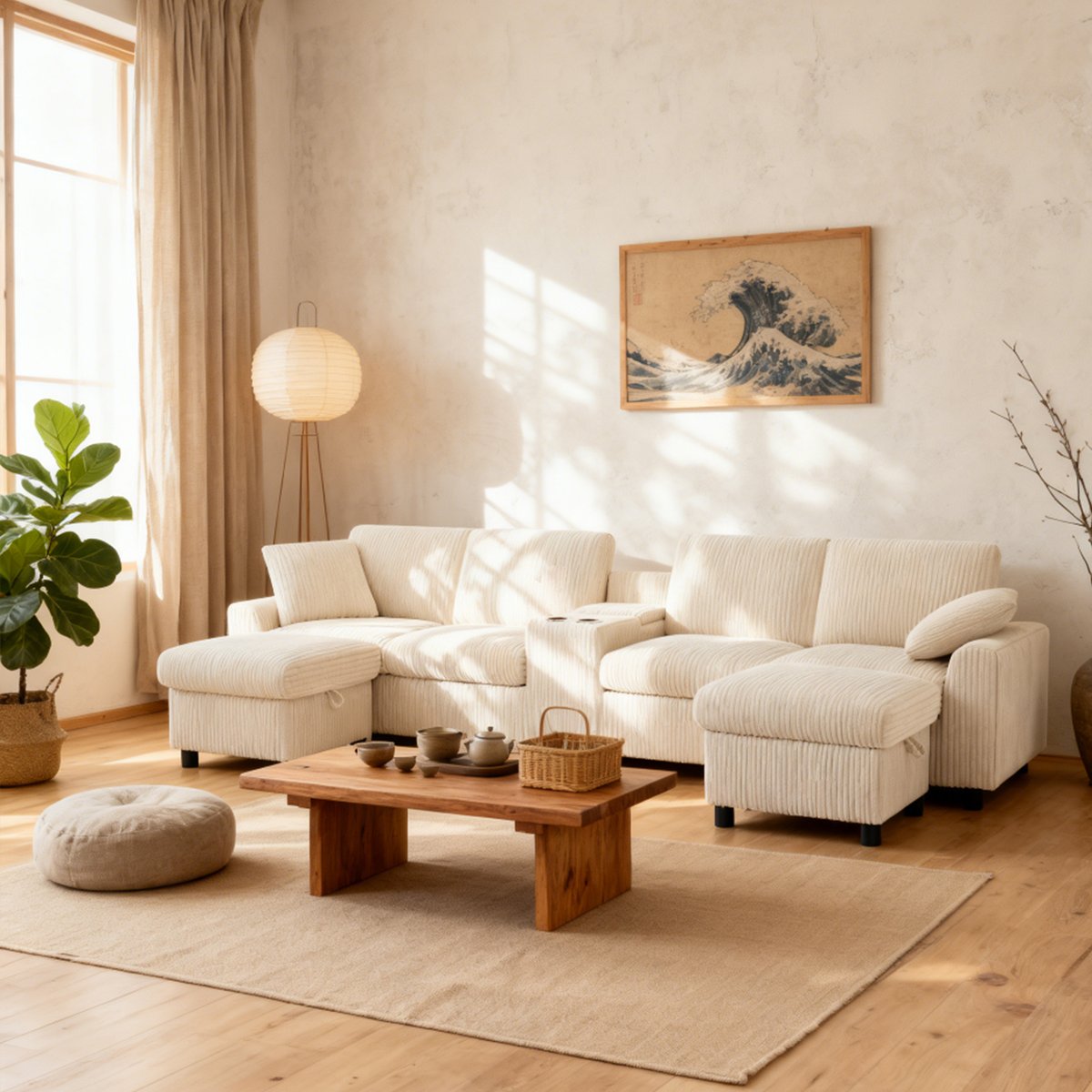Canapé d’angle U en velours côtelé avec coffre VASED beige, MEUBLES COSY