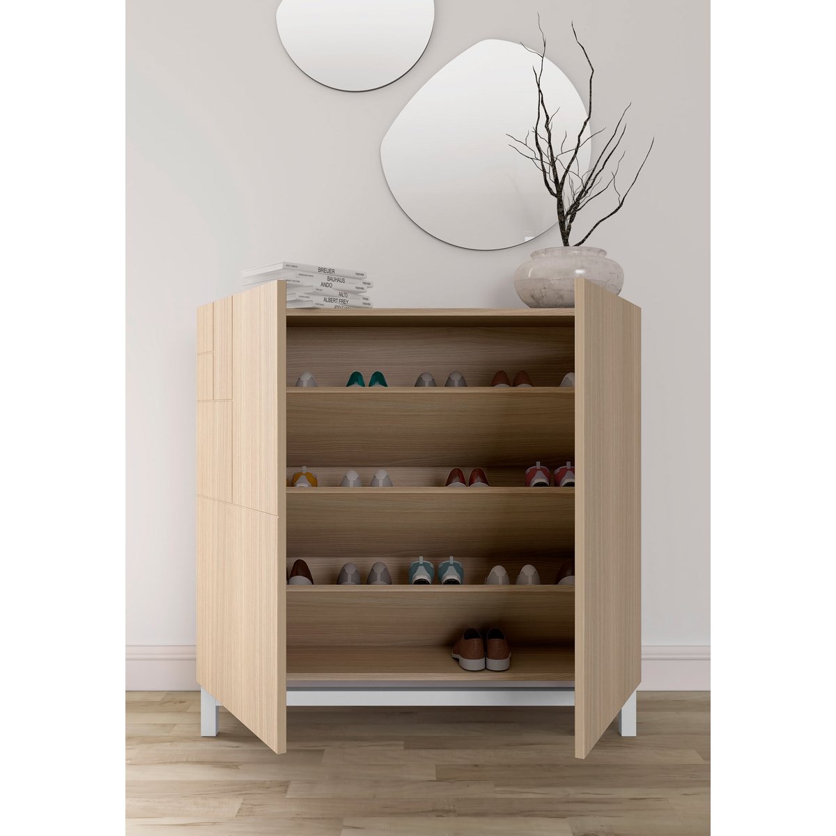 Meuble à chaussures en placard et hêtre, COPENHAGUE noyer clair-blanc, HERDASA