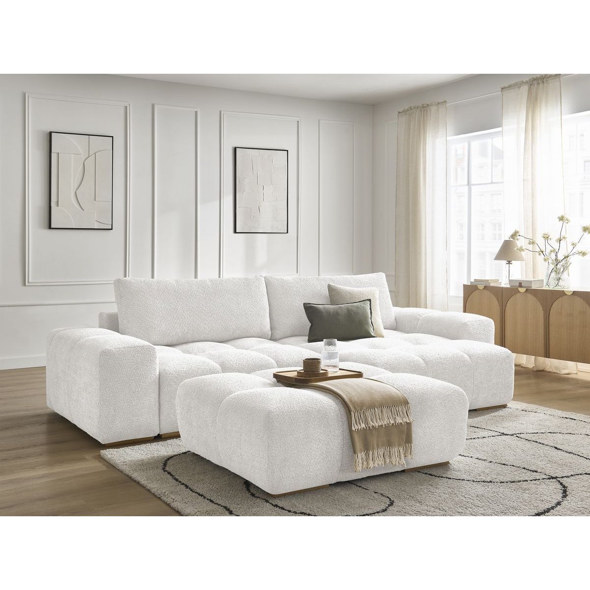Canapé d'angle convertible 5 places en tissu bouclette avec pouf, ANAKIN blanc, BOBOCHIC