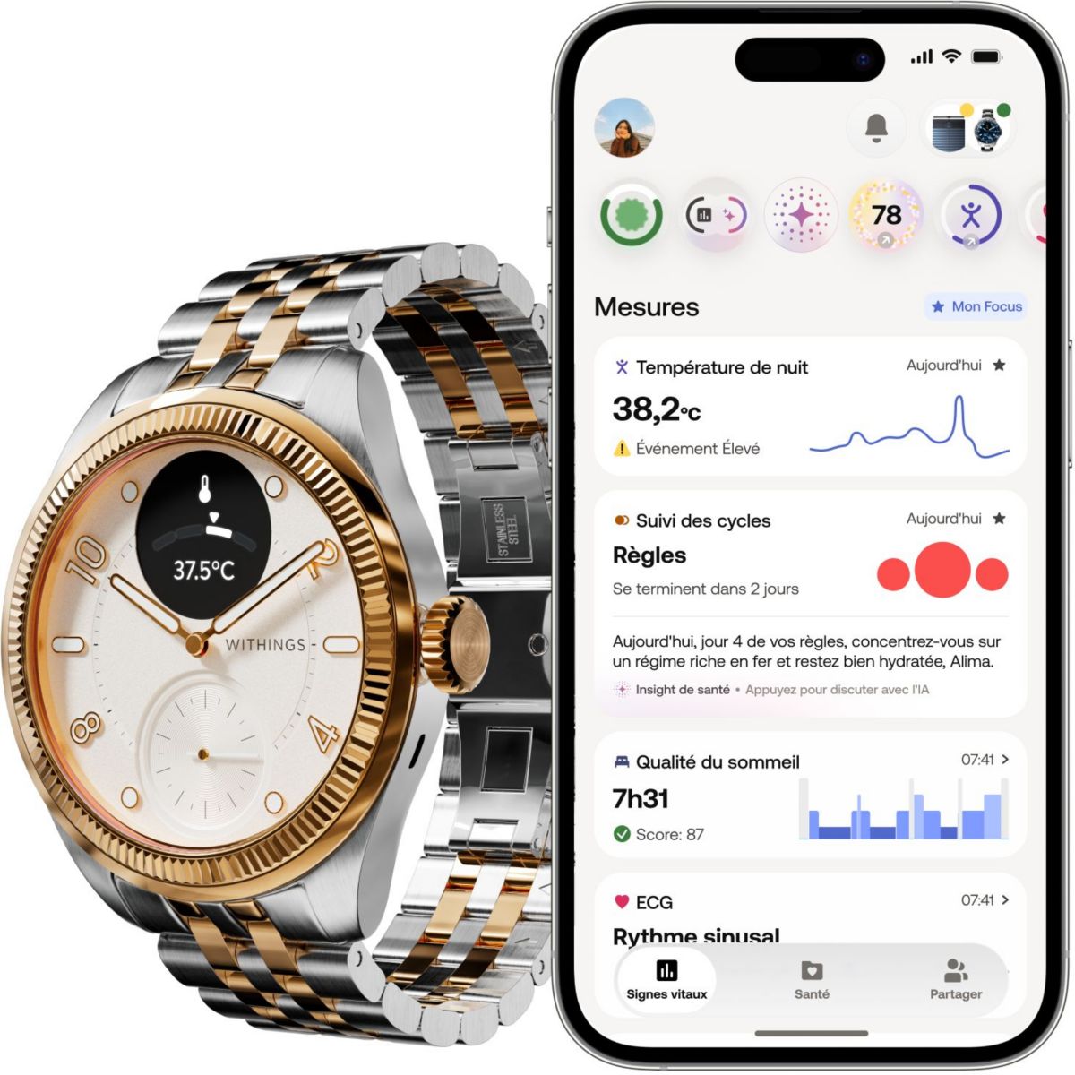 Montre santé Scanwatch Nova Brilliant 39mm Gold couleur unique, WITHINGS