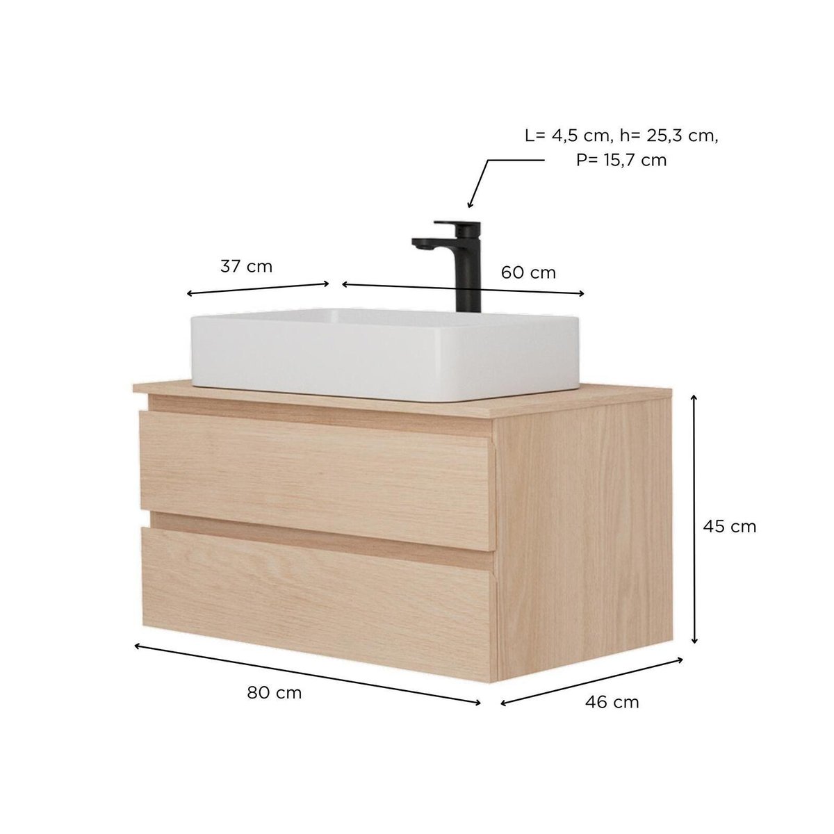 Ensemble meuble simple vasque 80 cm + vasque + robinet SORRENTO chêne, MOB IN