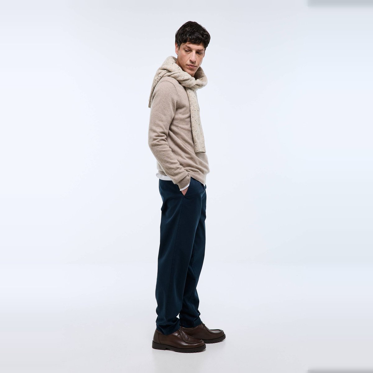 Pantalon à plis taille élastiquée marine, MONOPRIX