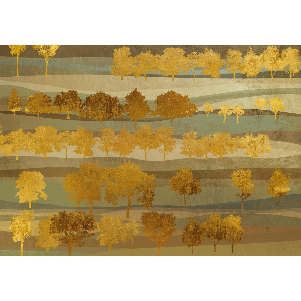 Papier peint panoramique « Vallons Dorés » - non tissé 384 x 270 cm verts-de-gris, bruns, doré, LE PAPIERS DE NINON