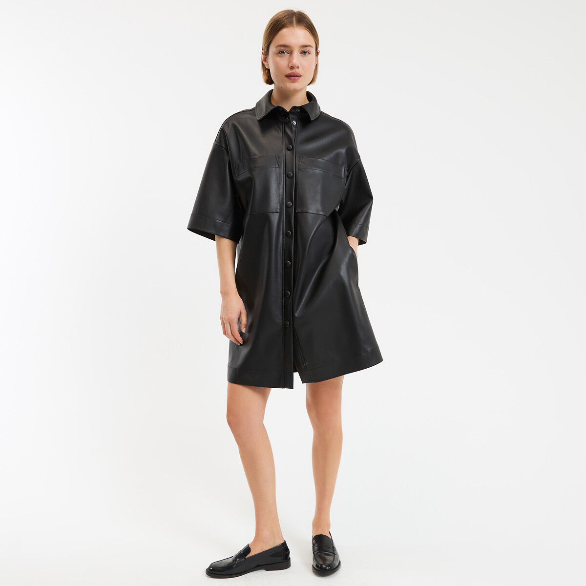 Signatures Sara Mini Dress in Faux Leather and Loose Fit black, LA REDOUTE COLLECTIONS