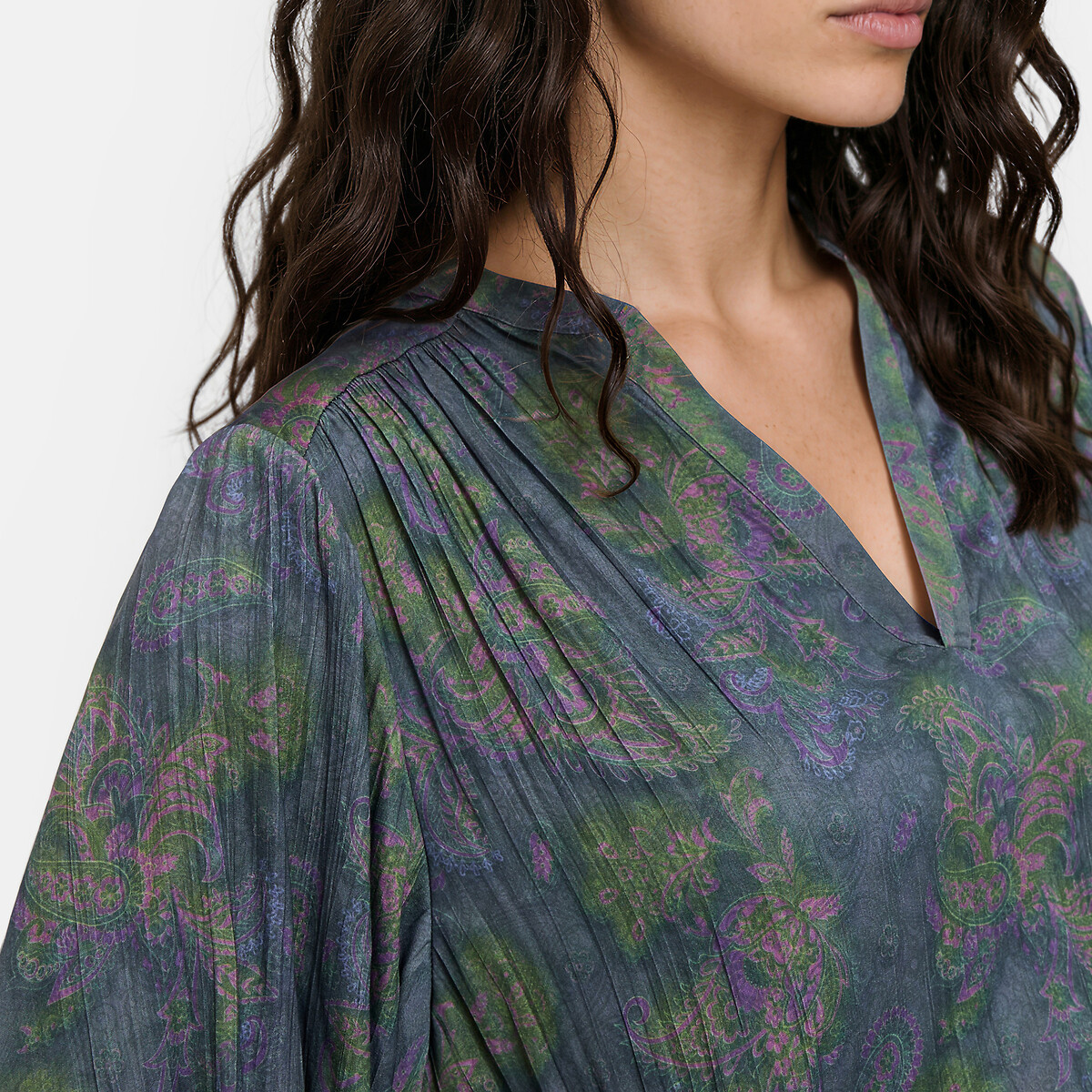 Blouse fluide, manches longues, imprimé cachemire  imprimé fond kaki, LA REDOUTE COLLECTIONS