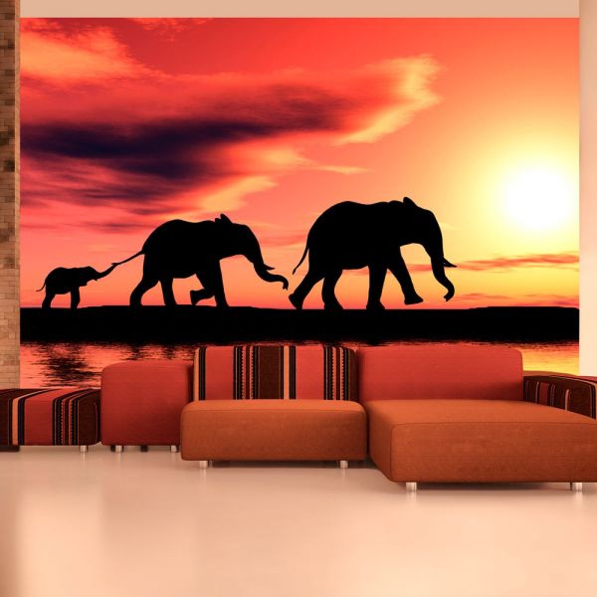 Papier peint intissé panoramique Animaux éléphants: famille noir, EDEN