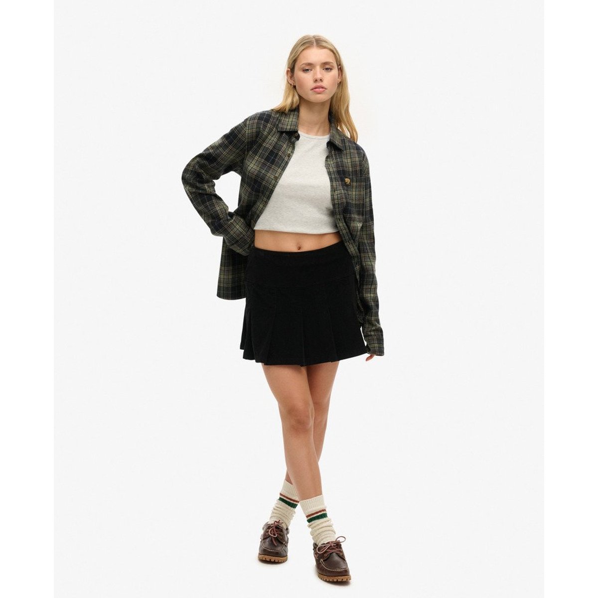 Mini-jupe plissée en velours côtelé Vintage noir bison, SUPERDRY