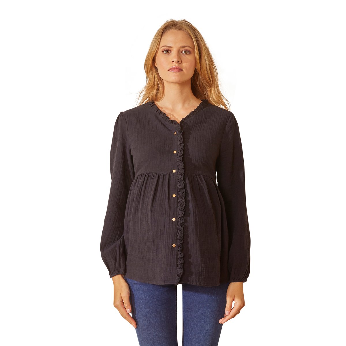 Blouse gaze de coton de grossesse et d'allaitement noir, VERTBAUDET