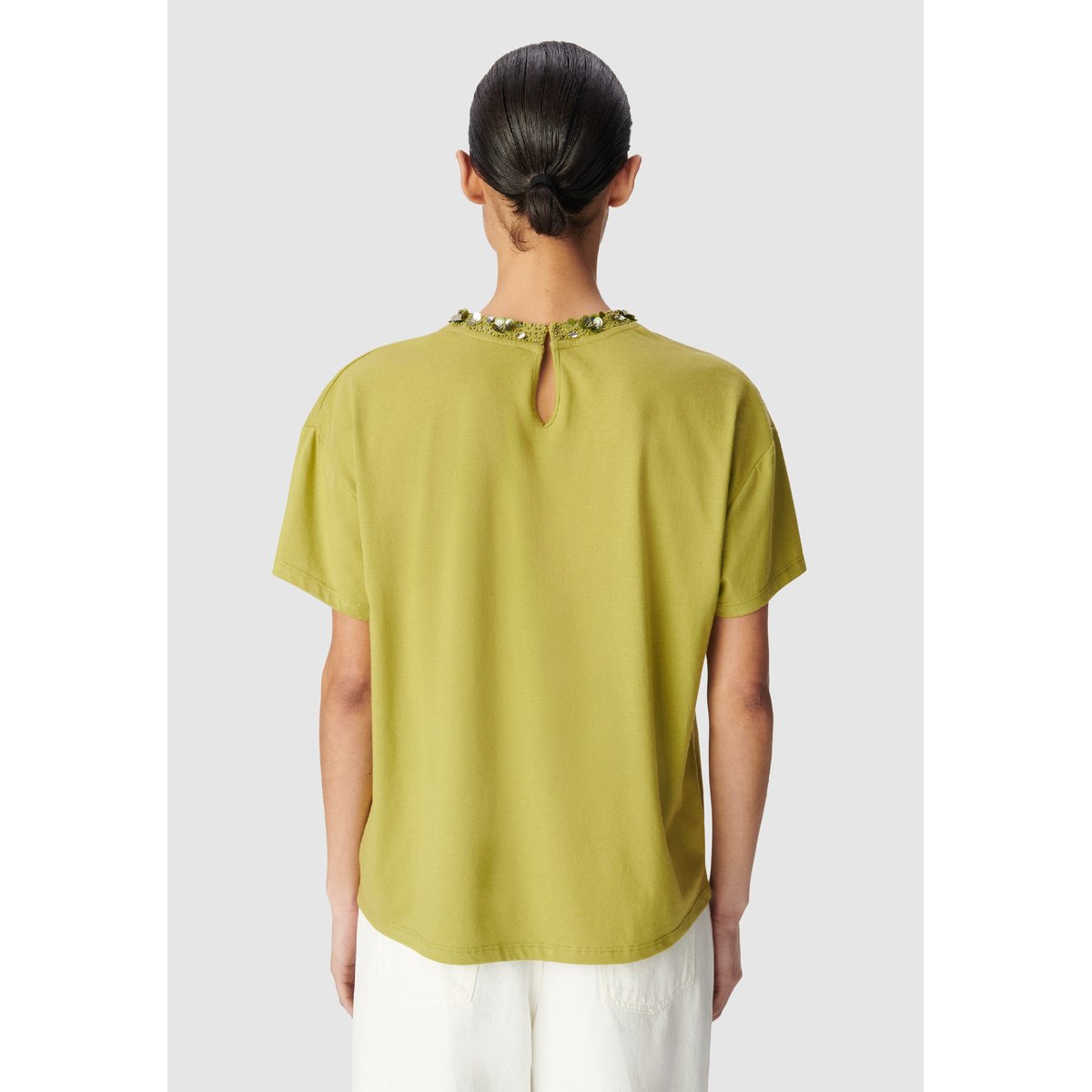 Tee-shirt manches courtes col bijou olive d'été, IKKS