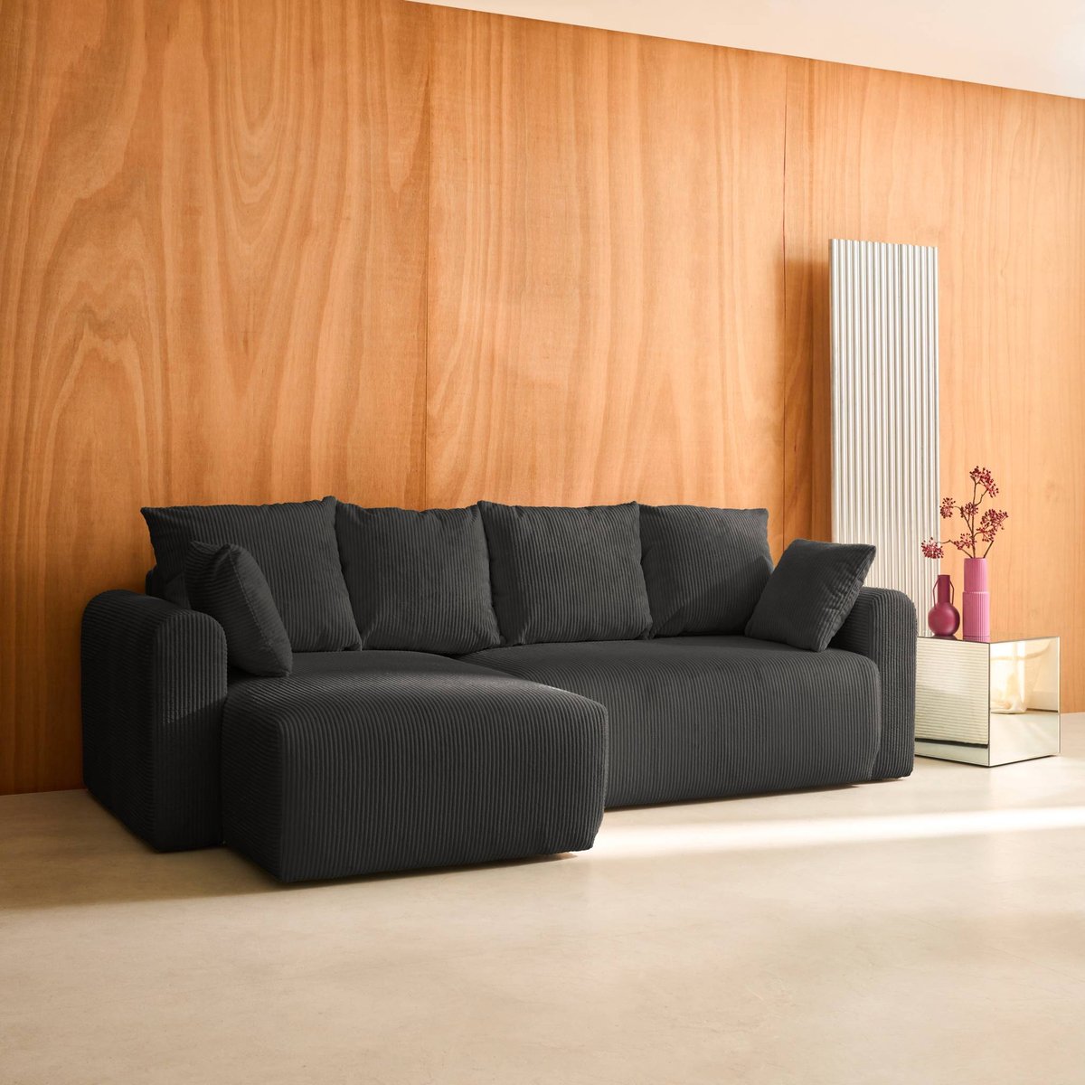 Canapé d'angle convertible réversible 3 places velours côtelé avec coffre ALMO taupe, SWEEEK
