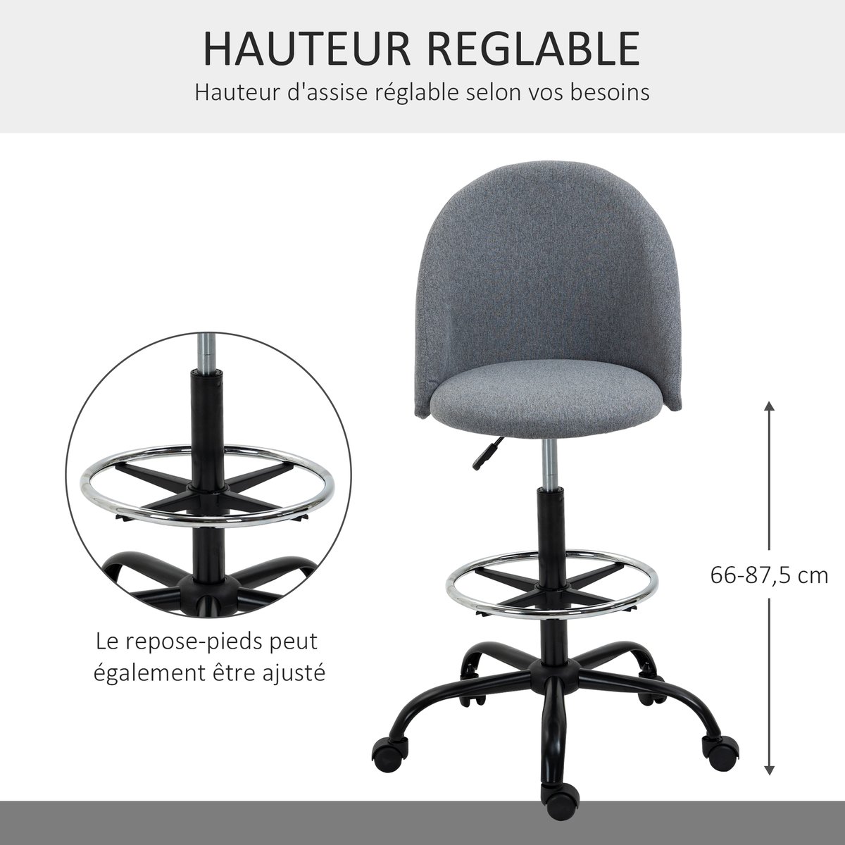 Chaise de bureau pour travail debout Lin Gris gris, HOMCOM