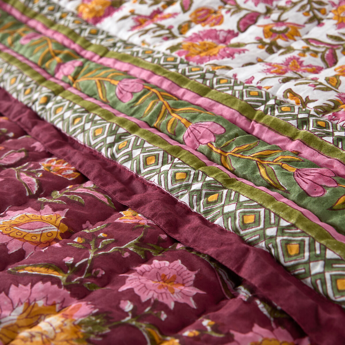 Couvre lit matelassé coton block print, Manassi imprimé fleurs, LA REDOUTE INTERIEURS