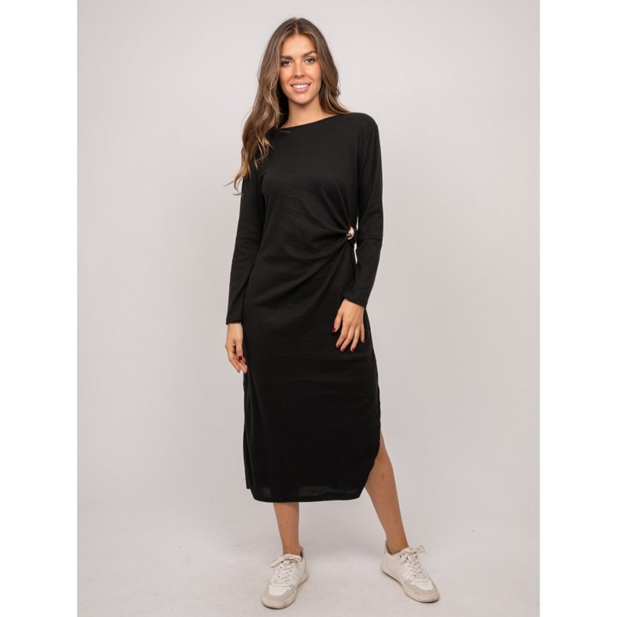 Robe Longue Maille Douce Drapé Ilarisse noir, DONA LISA