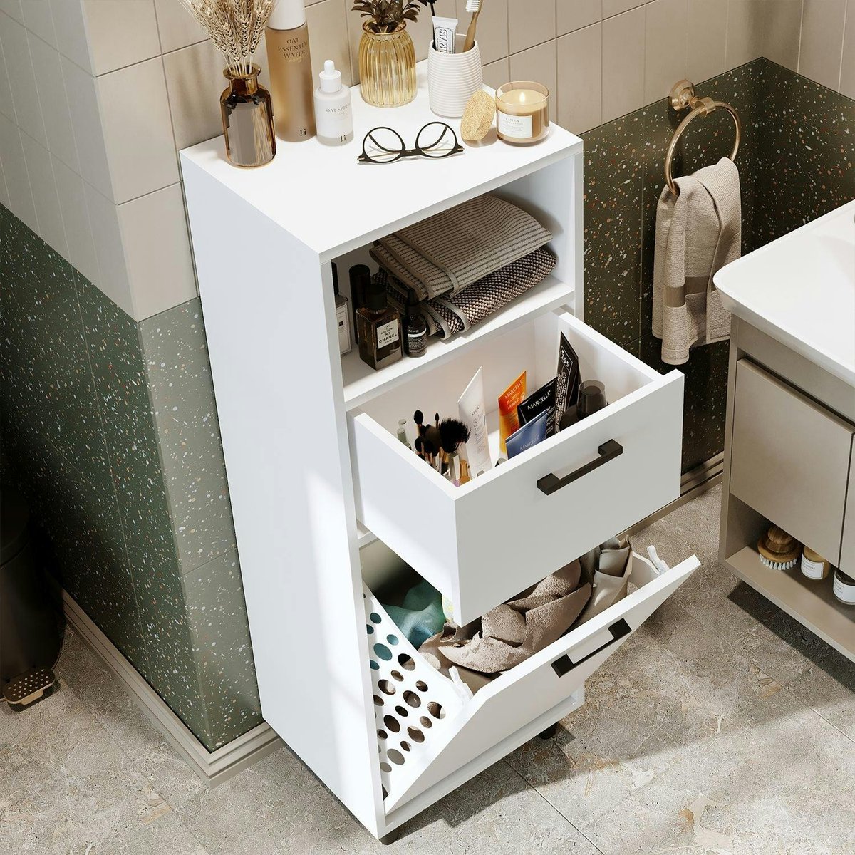 Meuble salle de bains avec panier à linge MARE blanc, PIER IMPORT