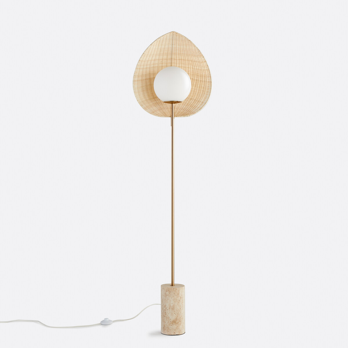 Candeeiro de pé em vidro opalino, rotim e travertino, Javana natural, LA REDOUTE INTERIEURS