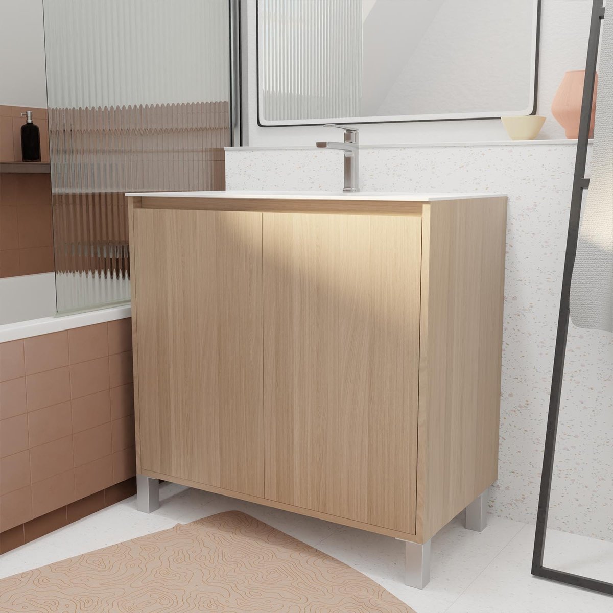 Meuble de salle de bains sur pieds avec 2 portes et vasque naturel, HOME MAISON