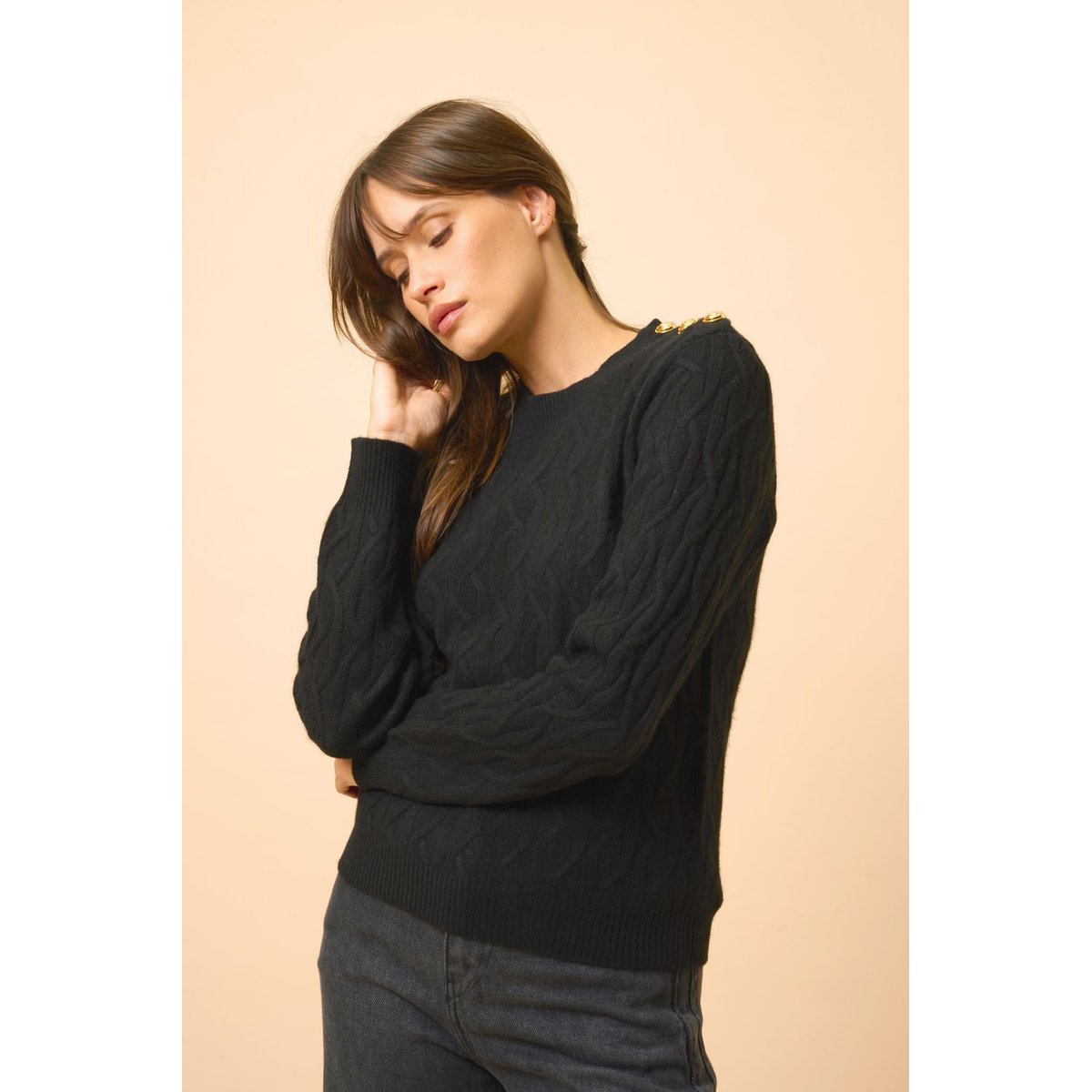 Pull Col Rond Marin 4 Fils Noir Lynd noir, JUST CASHMERE