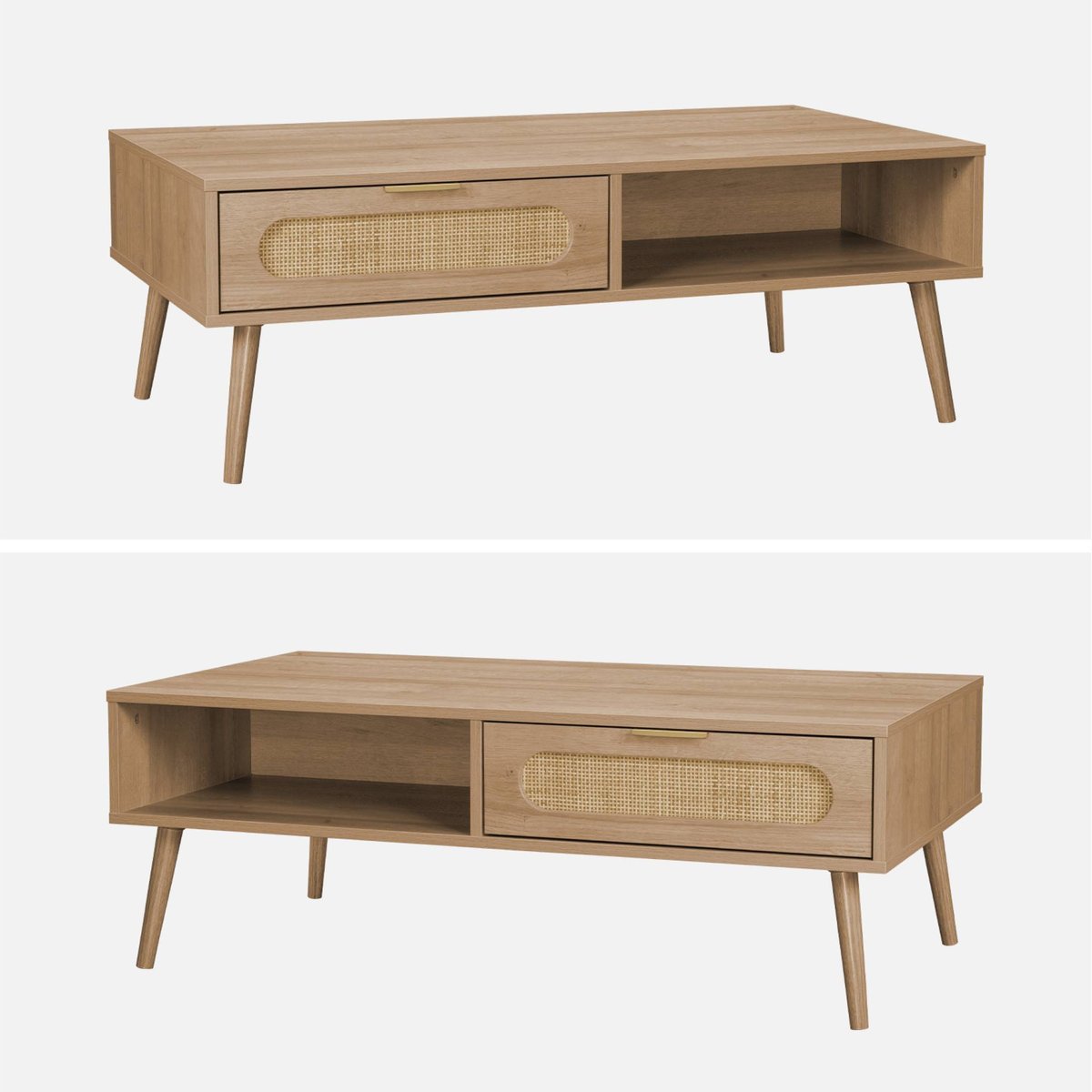 Table basse rectangulaire décor bois et cannage arrondi 1 tiroir EVA naturel, SWEEEK
