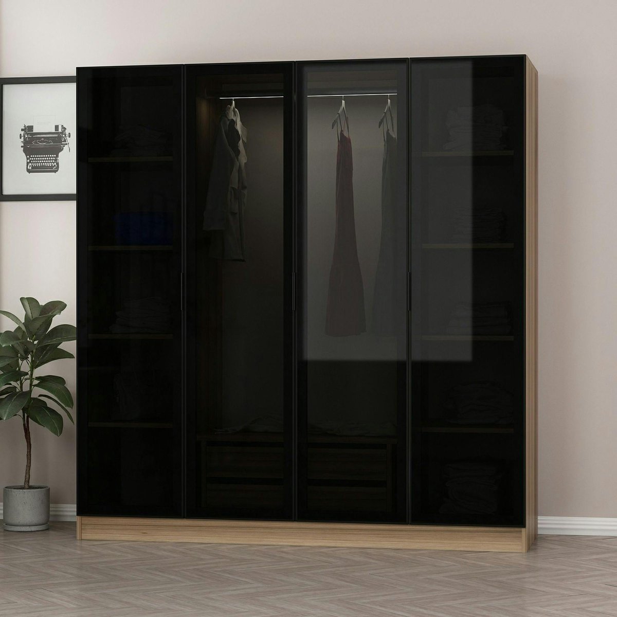 Armoire dressing 4 portes vitrées BYRON chêne, PIER IMPORT